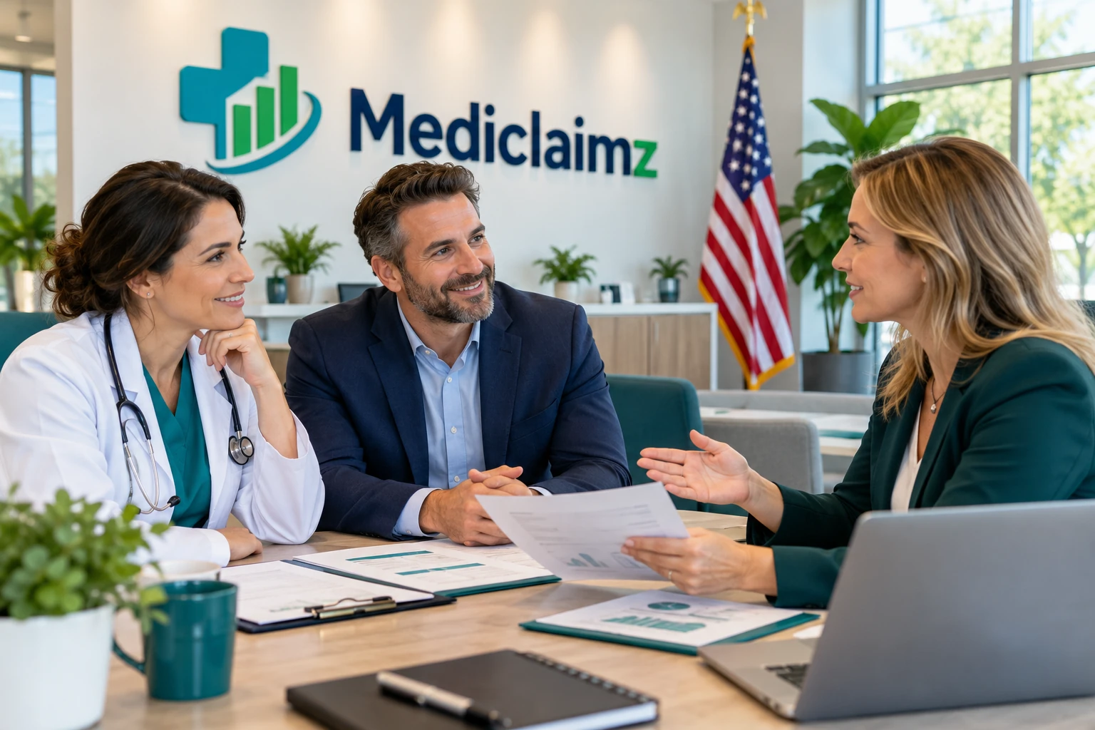 Illustrative physician and practice manager meeting with an adviser, with Mediclaimz branding and a U.S. flag